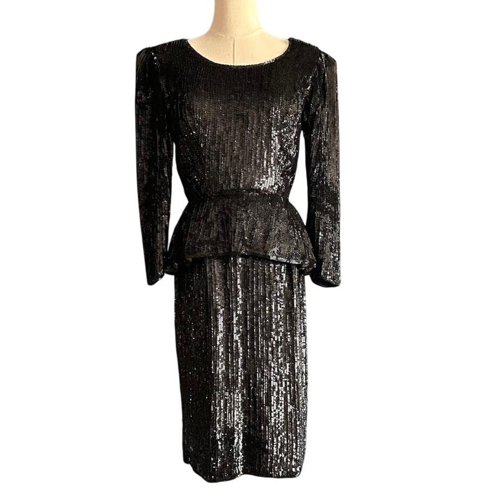 Vintage 80s ESA Scottsdale Black Sequin Peplum Dress Architectural‎ Small